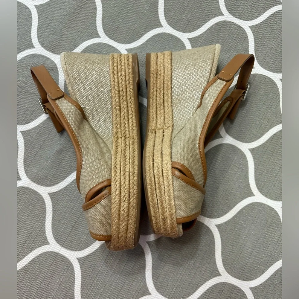 Tory Burch Majorca Peep Toe Espadrille Wedge Leather Shimmer Sling Back Sandals